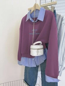 INAWLY Women's Casual Striped Patchwork Slogan Embroidered Sweatshirt, Autumn - Purple - View 3