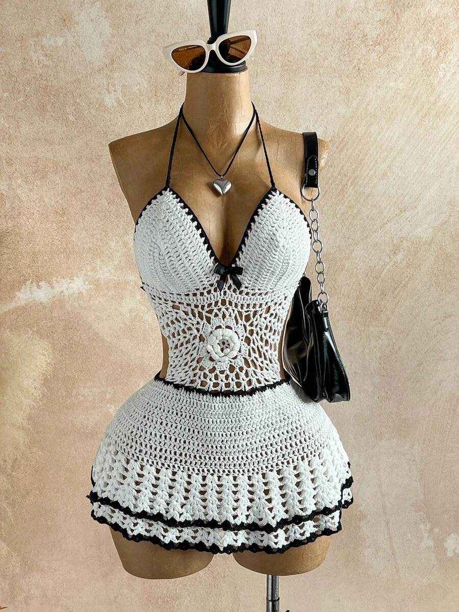 Soleia Váy ngắn đan móc nơ hở lưng phong cách nhiệt đới Bohemian thanh lịch, phù hợp mặc thường ngày mùa xuân/hè, đi biển, dự tiệc cưới, tốt nghiệp, ăn sáng muộn, ngày lễ Thánh Patrick, kỳ nghỉ xuân, lễ Phục sinh, lễ hội âm nhạc vào mùa thu/đông - Màu be - Xem 1