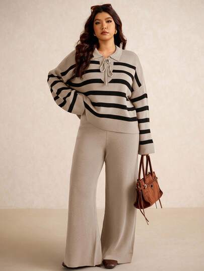 Elaquor 大码条纹印花扭纹长袖上衣和纯色裤子毛衣套装