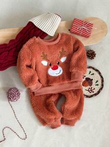 Playful Pals 幼儿男童可爱棕红色刺绣鹿绒圆领长袖上衣和羊毛裤套装，适合居家、休闲、日常穿着、角色扮演、秋冬 - 橘色 - 查看 4