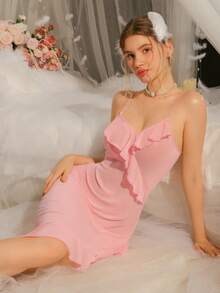 DelicateAllure Sheer High Slit Nightgown For Women - Pink - View 5