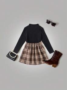 Young Girls' British Style Set, Featuring A Soft, Textured Turtleneck Sweater Top In Black And A Asymmetric Hemline Brown Plaid Skirt. The Long Sleeve Top Flatters The Figure, And The Classic Plaid Skirt With Side Button Details Adds A Refined, Vintage-Inspired Touch. Suitable For School, Cultural Events, And More. 2-Piece Set, Autumn/Winter - White - View 2