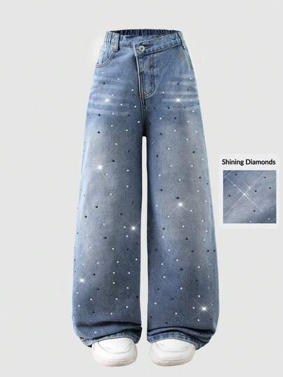 SHEIN ChillGRL Teen Girls' Rhinestone Embellished Wide Leg Jeans. Vintage Streetwear Casual Chic Style. Distressed Light Blue Denim. Unique Black & White Rhinestone Decor. Relaxed Fit, Comfortable. Asymmetric Waistline Design, & Stylish. Elastic Waistband For Easy Wear. Suitable For Outings, Dates, Outdoor Leisure, Campus Daily, Gatherings With Friends, Parties. A Versatile Fashion Essential For Your Wardrobe All Year Round!Back To School. Homecoming Set.Hoco  Clothes.