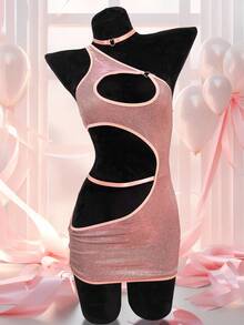 2件套性感镂空闪光紧身女士睡袍，适合外出穿着 - 粉色 - 查看 1