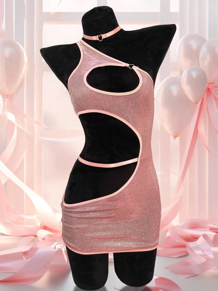 2件套性感镂空闪光紧身女士睡袍，适合外出穿着 - 粉色 - 查看 1