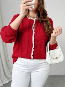 SHEIN Unity Plus Size Women Solid Color Lace Loose Casual Cardigan, Autumn/Winter - Red - View 6