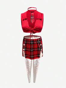 角色扮演服装 - 女式打结前背心和格子迷你裙 - 紅色 - 查看 6
