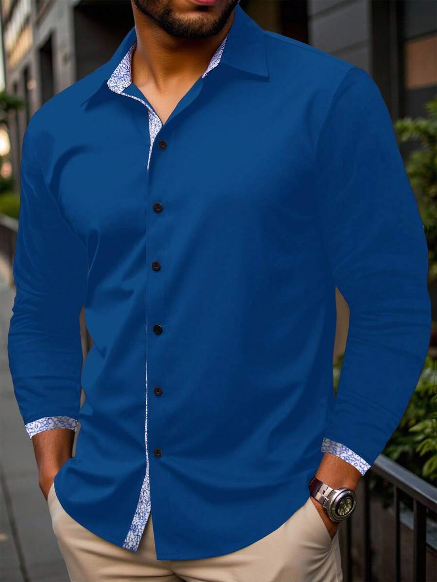 Manfinity Homme Plus Size Men's Long Sleeve Single-Breasted Casual/Business Shirt - Royal Blue - View 1
