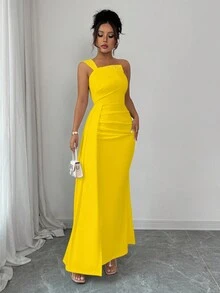 Rafferiza Women's Asymmetric Neck Beaded Ruched Waist Bodycon Dress - Yellow - View 4