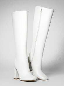 Solezae Women's Fashionable & Comfortable Knee-High Side Zipper Chunky Heel Boots - Beige - View 2