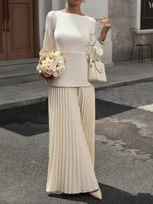 INAWLY Women's Extra Long Knitted Top Pleated Hem Dress - Apricot - View 6