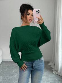 Elenzga Twisted Texture Oblique Shoulder Long Sleeve Knit Pullover Sweater, Autumn/Winter - Army Green - View 4