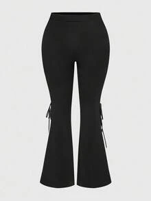 ROMWE EDITION 圣诞假期蕾丝撞色拼接大码女式两件套：喇叭袖上衣 + 喇叭裤 - 黑色 - 查看 10