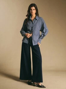 Poéselle 女士衬衫，后腰系带，宽松蓝色条纹衬衫，纽扣门襟，长袖衬衫，休闲女士通勤条纹系带衬衫，秋冬季 - 藍色 - 查看 3