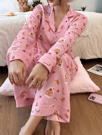 SHEIN Women's Turndown Collar Christmas Candy Cane & Gingerbread Print Long Sleeve Pajama Set Food Pajamas Gingerbread Pajamas Pink Kawaii Pajamas Gingerbread Pajamas Christmas Pajamas, Fall Clothes