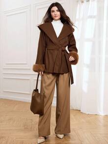 Miaspire Women's Elegant Wool Blend Hooded Cardigan Coat With Belt, Deep Brown, Fuzzy Cuffs, High-Quality Silhouette Autumn Winter Clothes For Women - Brown - View 5