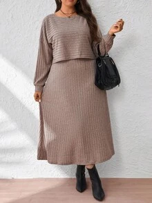 EMERY ROSE فستان كاجوال مضلع محبوك بياقة دائرية وأكمام طويلة منسدلة للنساء ذوات الأحجام الكبيرة - كاكي - مشاهدة 5