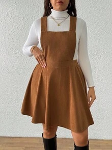SHEIN Tall CURVE Plus Size Women Corduroy Brown Pinafore Dress, Autumn/Winter