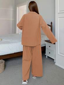 DAZY 2pcs Set Piyama Wanita Motif Hewan Lengan Panjang Longgar Atasan dan Celana Panjang Pakaian Musim Gugur Musim Dingin - Coral Orange - View 2