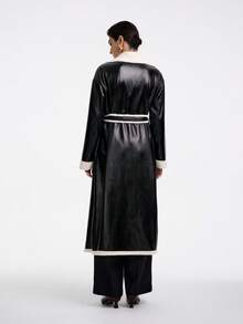 SHEIN Stylify 女式休闲翻领仿皮草饰边束腰撞色饰边长款风衣，秋冬 - 彩色 - 查看 2