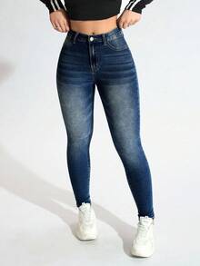 SHEIN ICON 女式高腰口袋紧身休闲百搭牛仔裤 - 深色水洗藍 - 查看 5