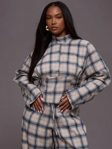 MUSERA 大码格纹高领收腰长袖上衣，日常休闲酷女孩街头风，适合节日、假日、派对、春夏复活节等场合。 - 彩色 - 查看 1