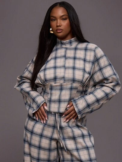 MUSERA Blusa de manga larga con cuello alto, cintura ceñida y estampado a cuadros, talla grande, para uso diario, estilo casual y fresco, ideal para fiestas, vacaciones, primavera y verano, Pascua