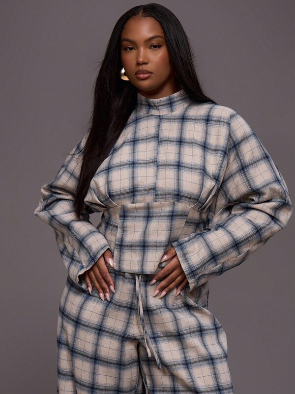 MUSERA Blusa de manga larga con cuello alto, cintura ceñida y estampado de cuadros, para uso casual de otoño e invierno, estilo urbano para chicas de talla grande