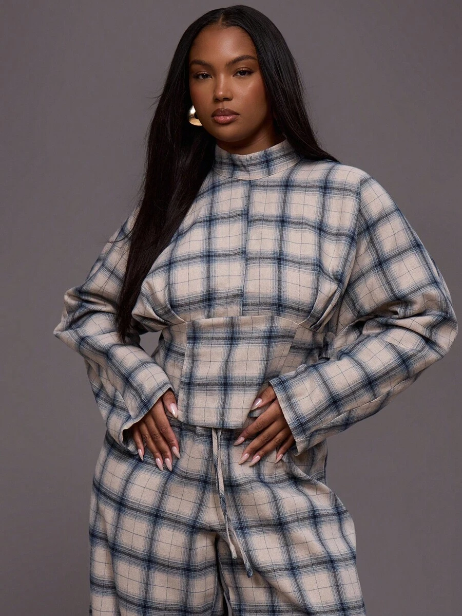 MUSERA 大码格纹高领收腰长袖上衣，日常休闲酷女孩街头风，适合节日、假日、派对、春夏复活节等场合。 - 彩色 - 查看 1