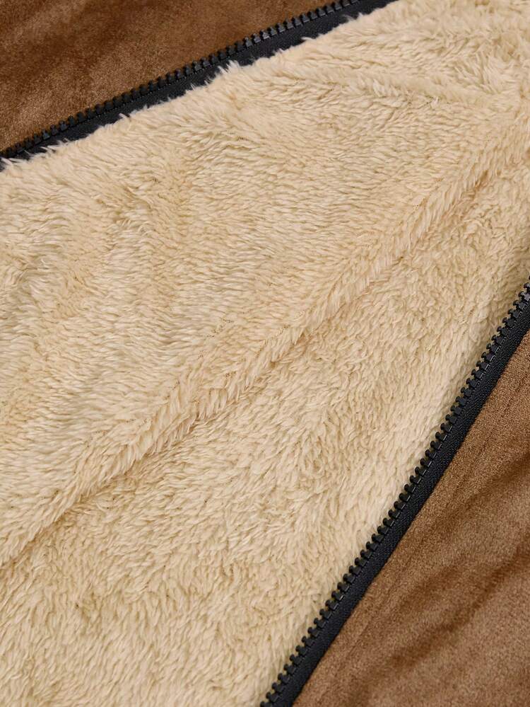 Plus Size Women Fall Casual Zip-Up Fuzzy Warm Vintage Print Patchwork Hooded Long Sleeve Coat With Pockets, Autumn/Winter,Going Out,Fall,2025 New,Casual Everyday Wear,Fall,Brown,Outerwear