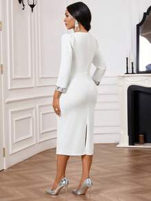 SHEIN Lady Elegant Party Sequin Decor White Wrap Dress - White - View 2