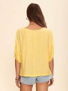Coeurva Women's Casual Solid Color Shoulder Bat Wing Sleeve Basic 3/4 Sleeve Blouse, Spring & Summer Everyday Wear - Yellow - View 2