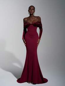 Elitara Elegant, Romantic, Dignified, Minimalist, Wine Red, Knitted Elastic Fabric, Velvet Patchwork, Off Shoulder, Long Sleeve, Fishtail Hem, Trailing, Fashionable, Influencer, Holiday, Resort, Birthday Party, Wedding, Bridesmaid Dress, Formal Gown, Women's Evening Dress