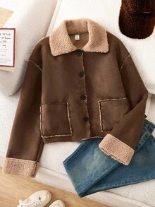 Kurtka dla nastolatki w modnym, minimalistycznym stylu, z dużymi kieszeniami, ciepła, wełniana, ze stójką, z długim rękawem i guzikami, jesień/zima