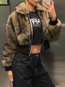 Muchica 秋冬女士棕色人造毛皮撞色拉链长袖夹克 - 摩卡棕 - 查看 6