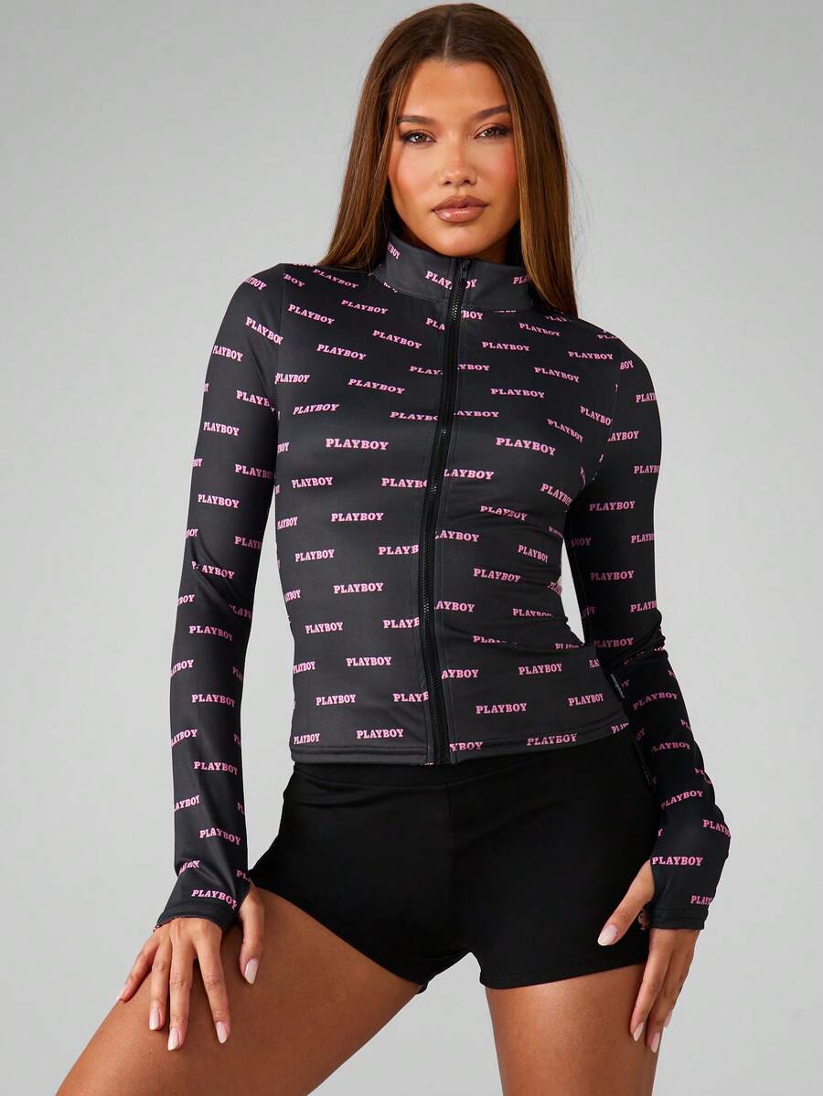 Missguided x Playboy Retro Y2K Style Full Zip Mock Neck Fashion Jacket Allover Logo Print Long Sleeve Lightweight Fall Winter Outerwear Streetwear Statement