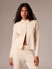 AiiRZ Knit Collared Cardigan Long Sleeve Button Front Top Business Casual Office Professional Fall Winter Workwear Classic Essential Minimalist Elegant - Khaki - View 1