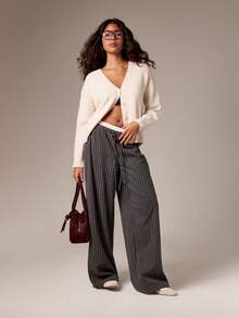 AiiRZ Wide Leg Pinstripe Double Waistband Palazzo Pants Contemporary Office Wear Business Casual Long Trousers Elegant Winter Fashion - Multicolor - View 3