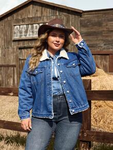 EMERY ROSE Plus Size Women Navy Blue Fleece Lined Casual Denim Jacket, Winter Women's Winter Jacket