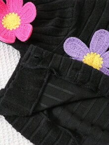 2 件套年轻女孩可爱黑色短款 V 领彩色花卉装饰开衫，搭配紫色修身针织连衣裙，适合休闲外出或小型聚会，春秋季 - 紫色 - 查看 8