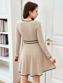 SHEIN 青少年女孩休闲日常通勤撞色滚边系带长袖连衣裙，适合春季/秋季/圣诞节、节日/家庭日/新年快乐 - 彩色 - 查看 2