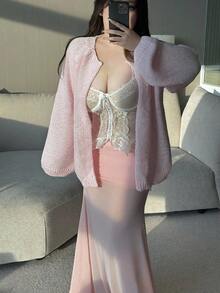 Sunspun Cárdigan de manga larga con lentejuelas de unicolor para tallas grandes