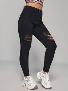 SHEIN PETITE Lässige vielseitige einfarbige Jeans mit Distressed-Effekt in Slim Fit für zierliche Frauen - Schwarz - Übersicht 1
