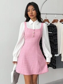 Elegant Plaid Patchwork 2-In-1 Long Sleeve Dress For Teen Girls, Suitable For Elegant Outfits, Back To School, Birthday Party, Evening Party, Performance, Wedding, Christening, Opening Ceremony, School, Travel, Halloween, Prom, Concert Preppy Dress Pink Tweed Dress School Girl Dress Aesthetic Preppy Clothes