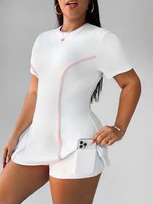 Rhythm Era 2 件套女式拼色圆领 A 字腰连衣裙，内置短裤，防闪烁运动休闲网球裙，加大码