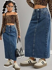 SHEIN Tween Girls Fashion Casual Y2k Vintage Cool Street Returns To School College Street Blue Denim Slit Washable Design Denim Skirt For Tween Girl Clothes Tween Girls Costume Dailywear And Tween Girl Winter And Fall Rave Outfits Festival And Outfits Streetwear School Clothes