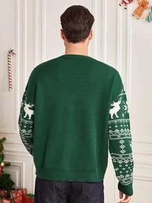 Manfinity RelaxMax Christmas Family Matching Men's Reindeer Pattern Crew Neck Long Sleeve Sweater, Autumn/Winter - Green - View 2