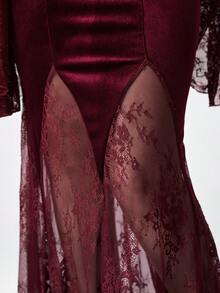 ROMWE EDITION 女士复古宫廷浪漫哥特式天鹅绒撞色蕾丝半身裙 - 酒紅色 - 查看 8