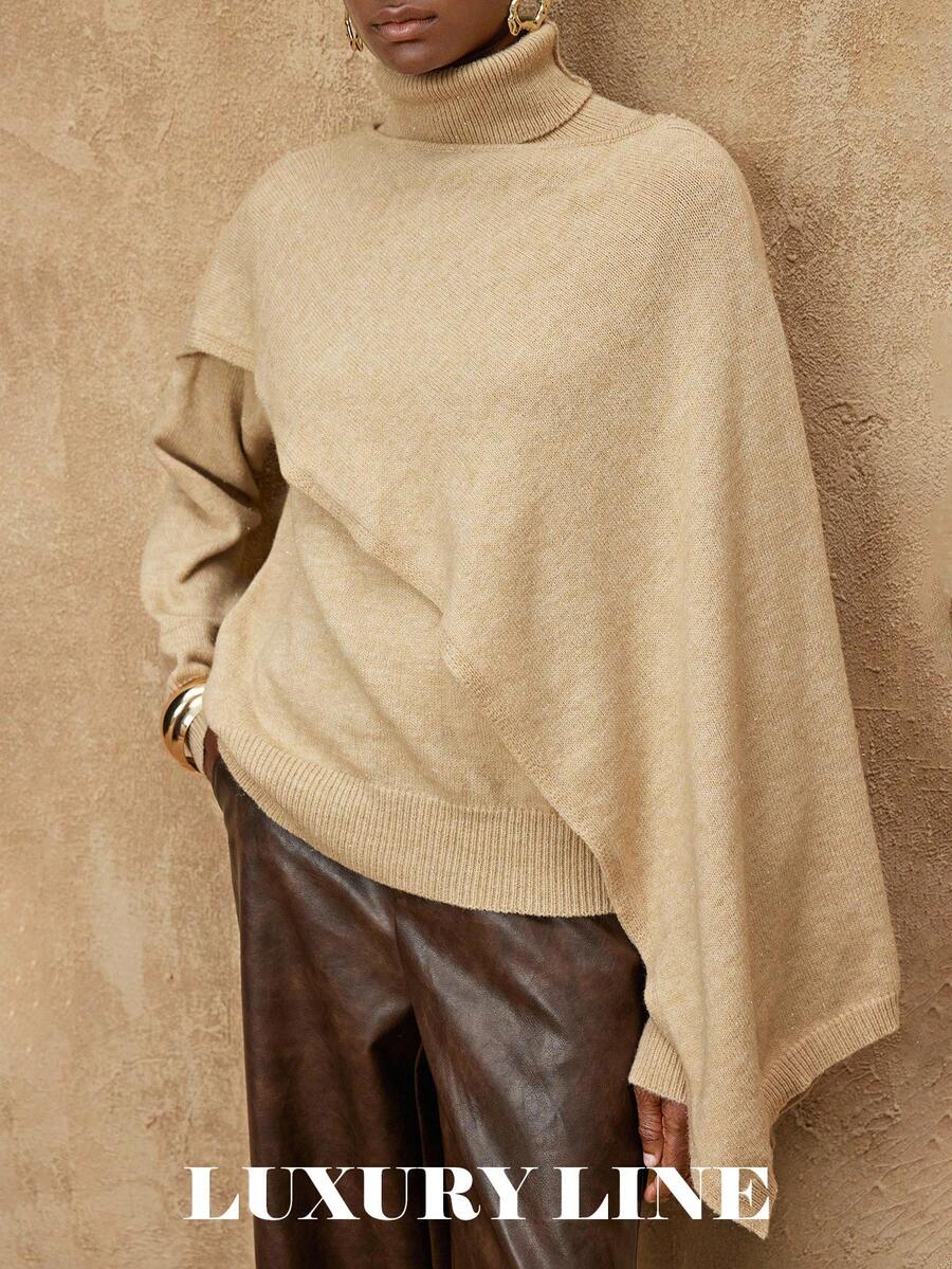 SHEIN Privé VITNOS Beige Women's Turtleneck Sweater & Asymmetrical Cape Two Piece Set,Elegant Autumn Everyday Luxury French Style Cozy Clothes For Party,Holiday