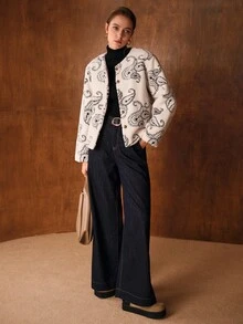 MOTF PREMIUM WOMEN'S CASHEW FLOWER PATTERN FUZZY FLEECE WINTER JACKET - Black and White - View 2